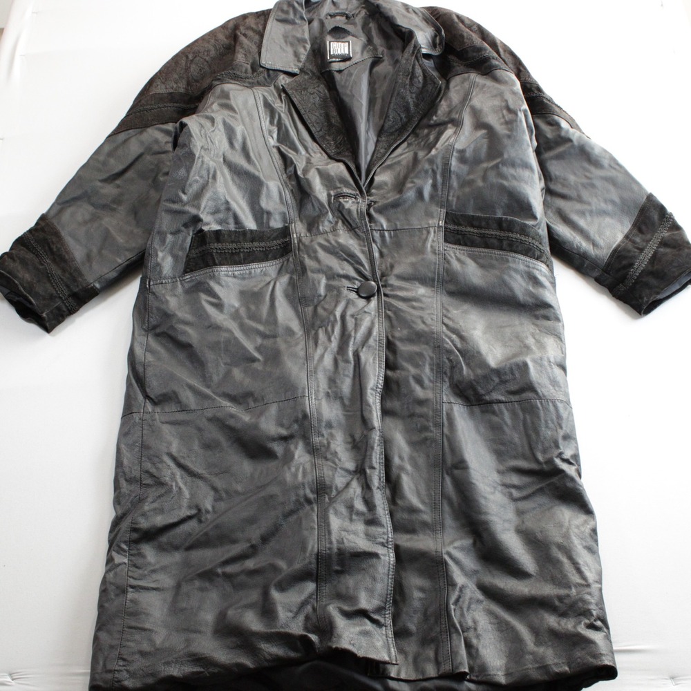 Vintage Greg Bell Black Genuine Leather Suede Trim Trench Coat Shoulder Pad 1X